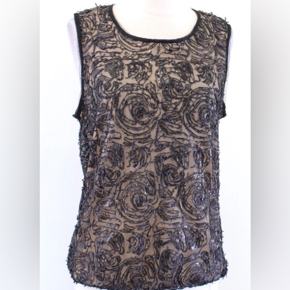 Max Studio Black Mesh Fringe Textured Embroidered Sequin Sleeveless Tank Top